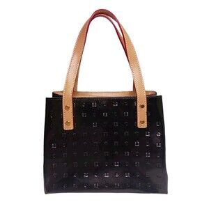 Arcadia Tan & Black Patent Leather Monogram Small Satchel Bag Handbag Tote Italy
